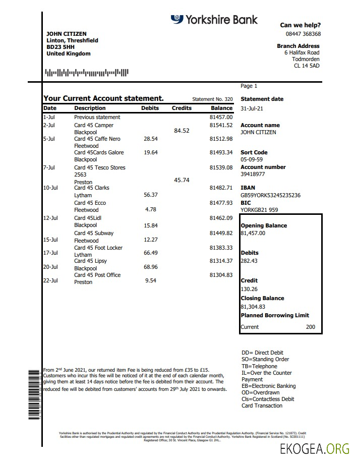 Modèle de relevé bancaire du Yorkshire du Royaume Uni facile à remplir au format Excel et PDF